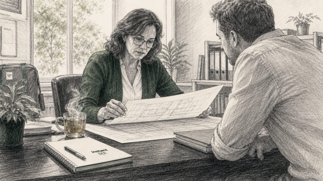 Two people discussing plans in council office