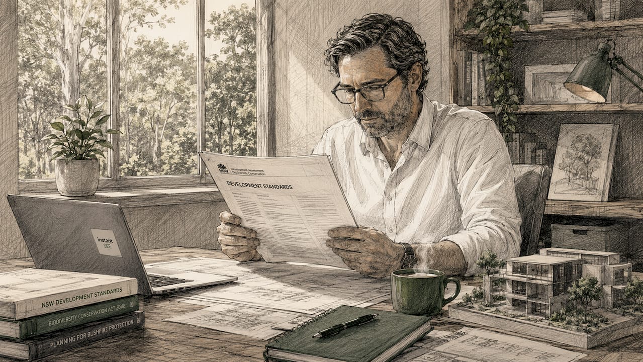 Developer reading legal building standards document