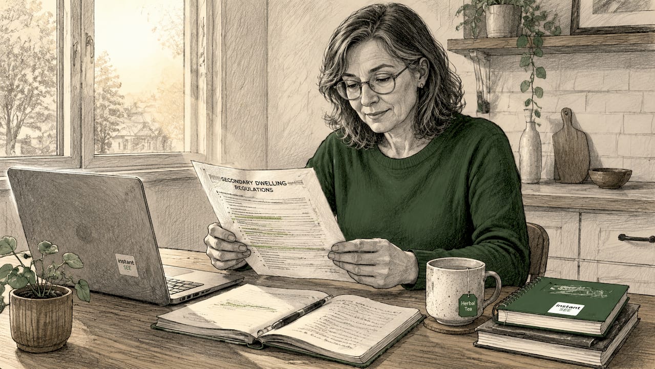 Person reviewing secondary dwelling regulations at desk