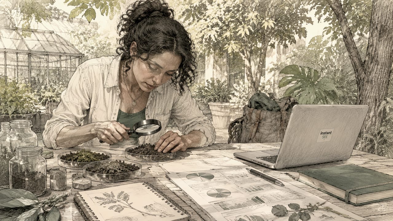 Scientist examining soil samples in lab