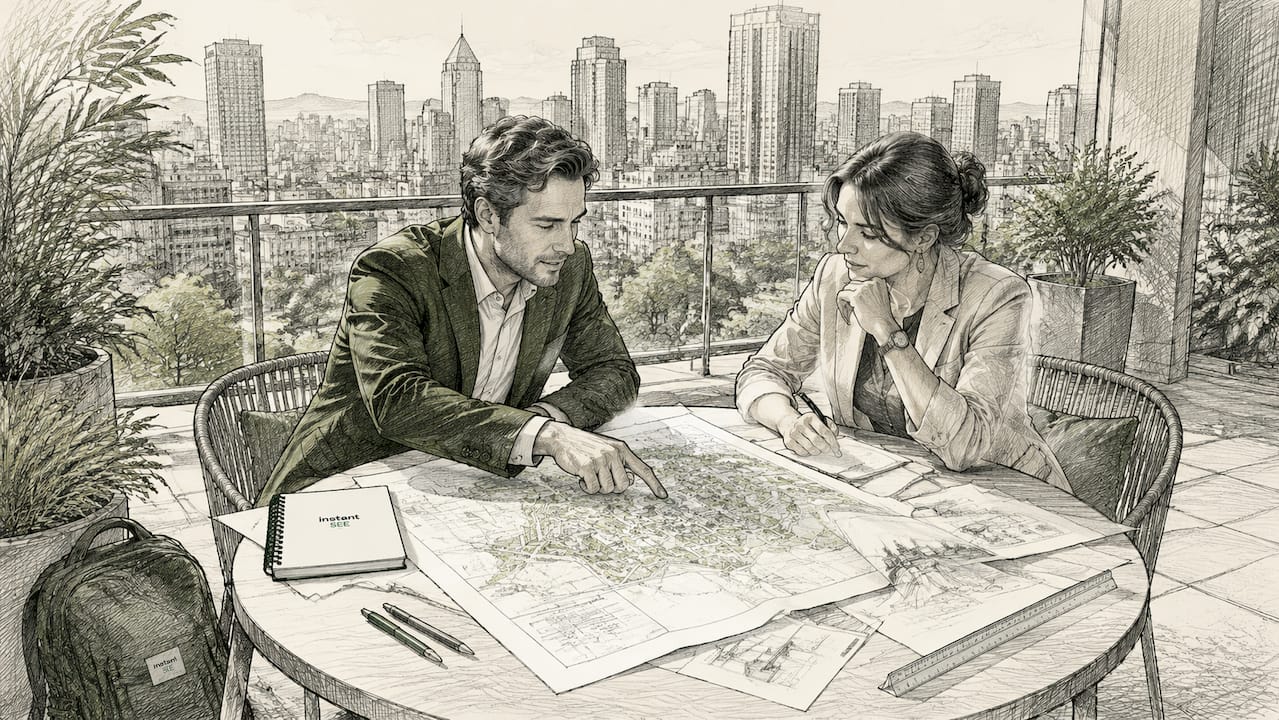 Town planner consulting architect over plans