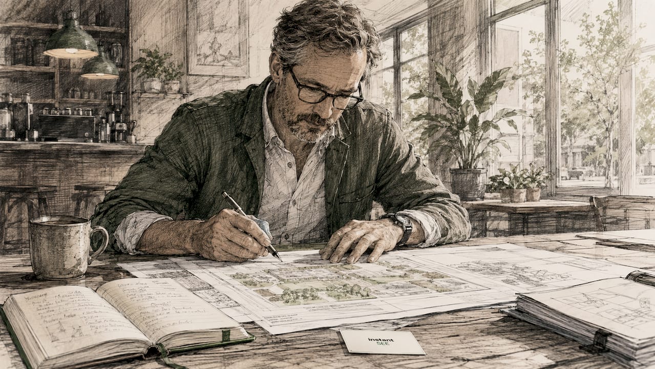 Man reviewing zoning plans at desk